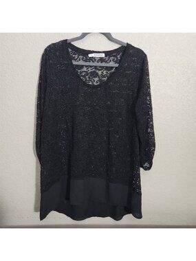 Maurices Tunic Top Sheer Hem 3/4 Sleeves Size 1 or 16 Black Lace